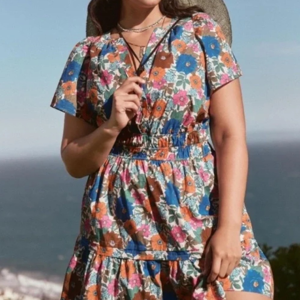 Anthropologie Blue and Orange Floral Midi Dress